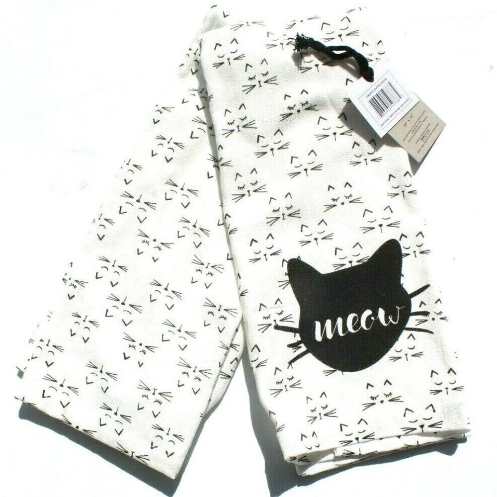 Set Of 2 Modern Meow CATS Black & White 100% Cotton Kitchen Towel 28" X 16"